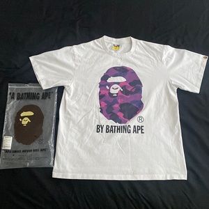 Bape White Tee with Purple Camo Ape Logo